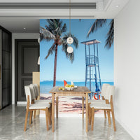Coastal lookout wallpaper in bedroom, ocean view and sand colours above headboard