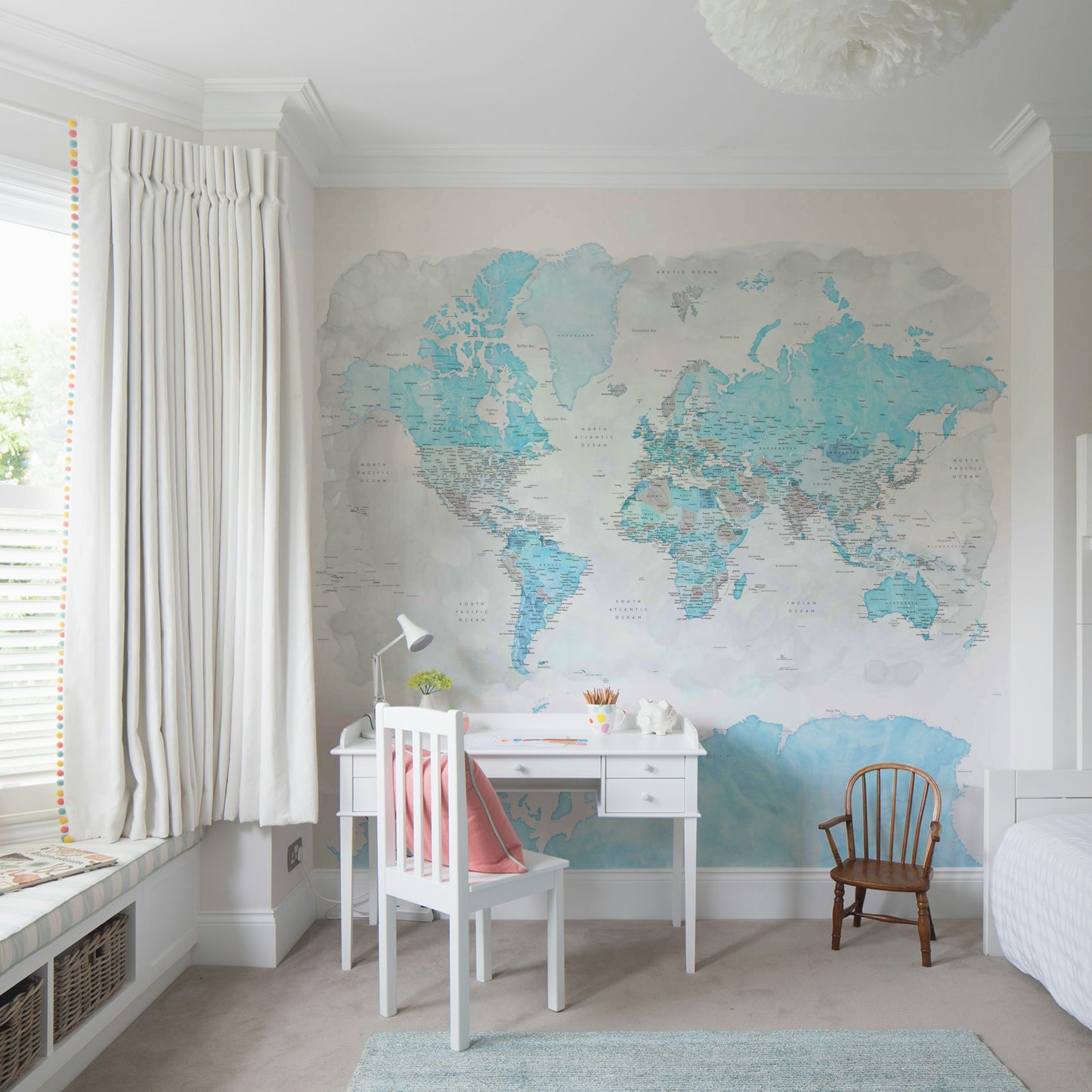Artistic world map in pastel blue watercolor style

