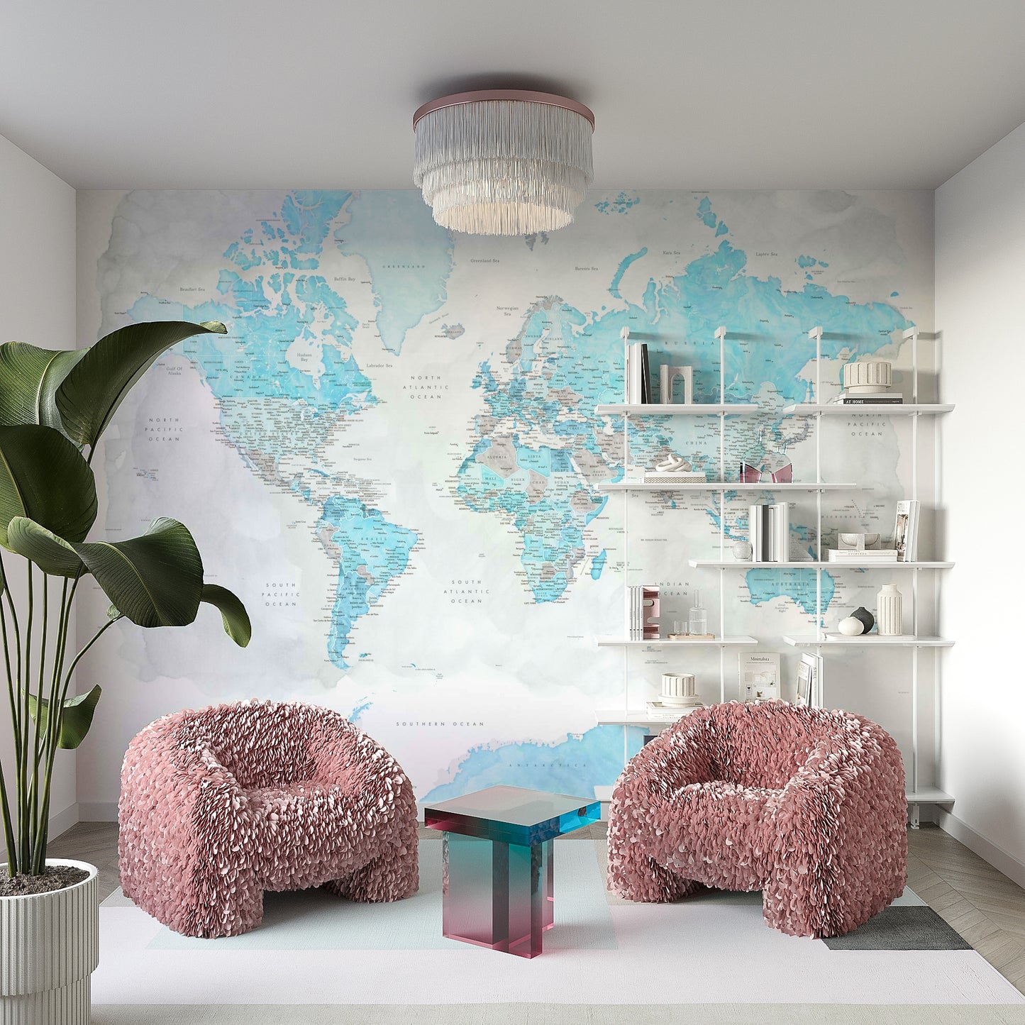 Educational wall décor with soft blue world map

