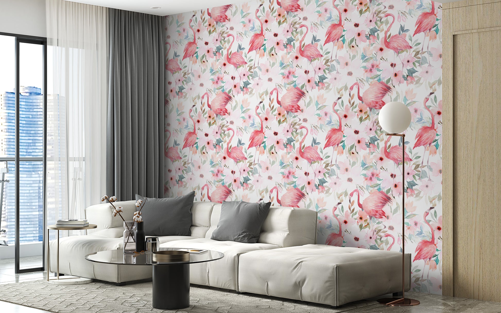 Flamingo-themed wallpaper in pastel pink
