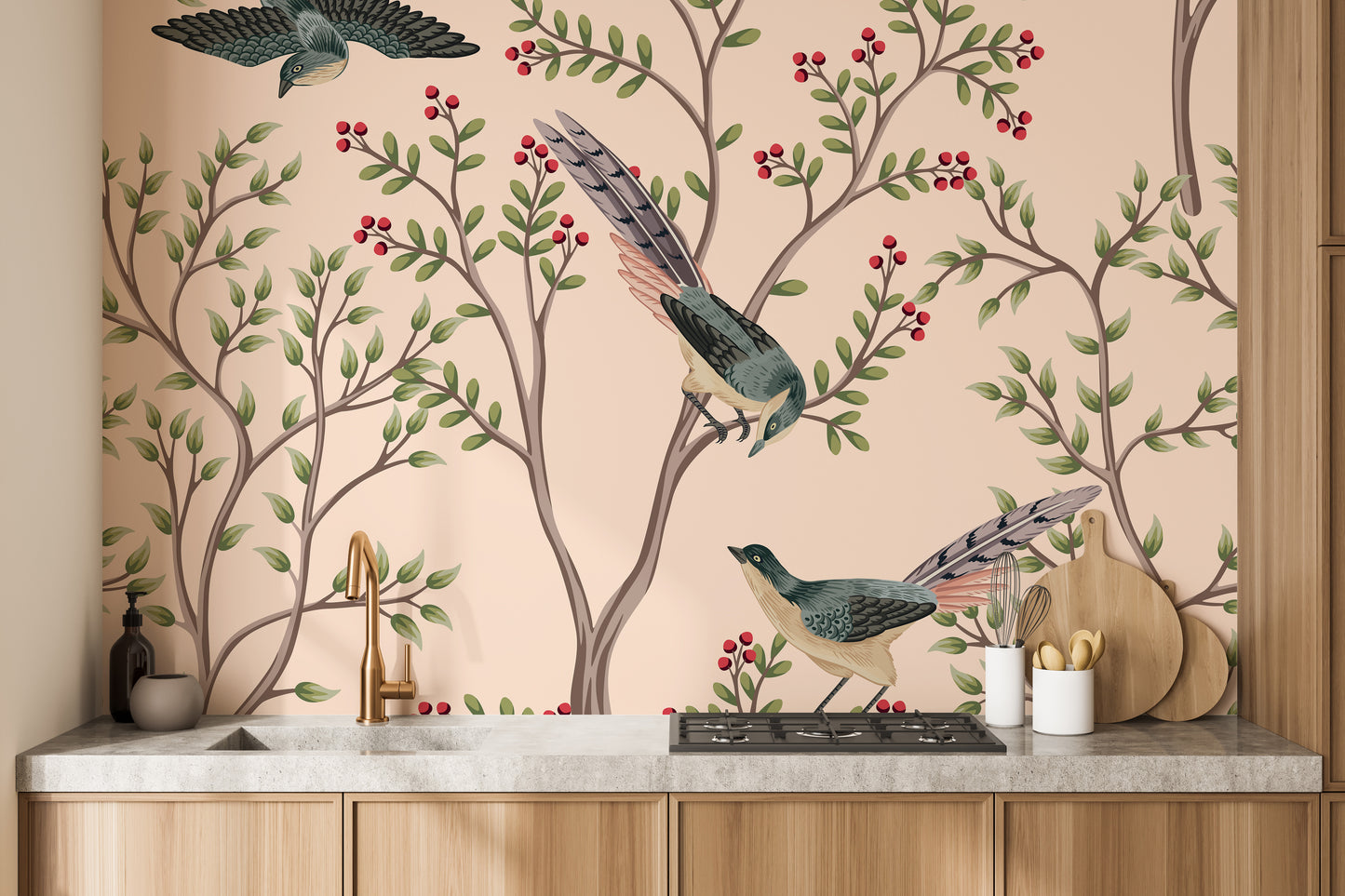 Elegant bird and leaves pink wall design
