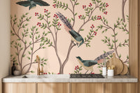 Elegant bird and leaves pink wall design
