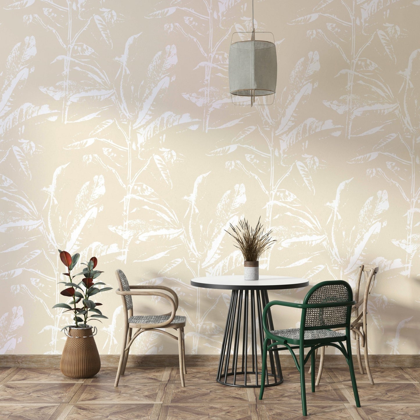 Hand-drawn botanical mural in subtle tones

