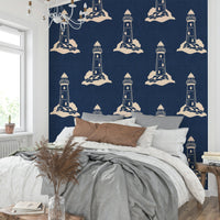 Retro coastal wall design with lighthouse art
