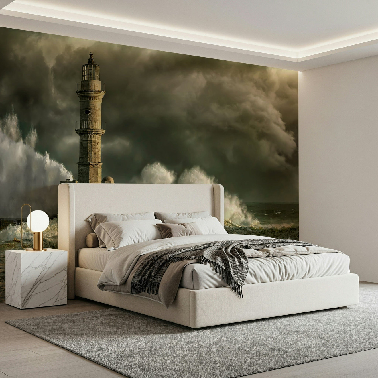 Lighthouse Storm Wall Mural featuring crashing ocean waves and dark clouds.