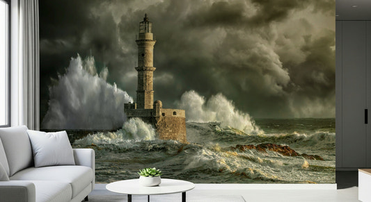 Dark navy blue ocean waves wall covering for a moody home office.