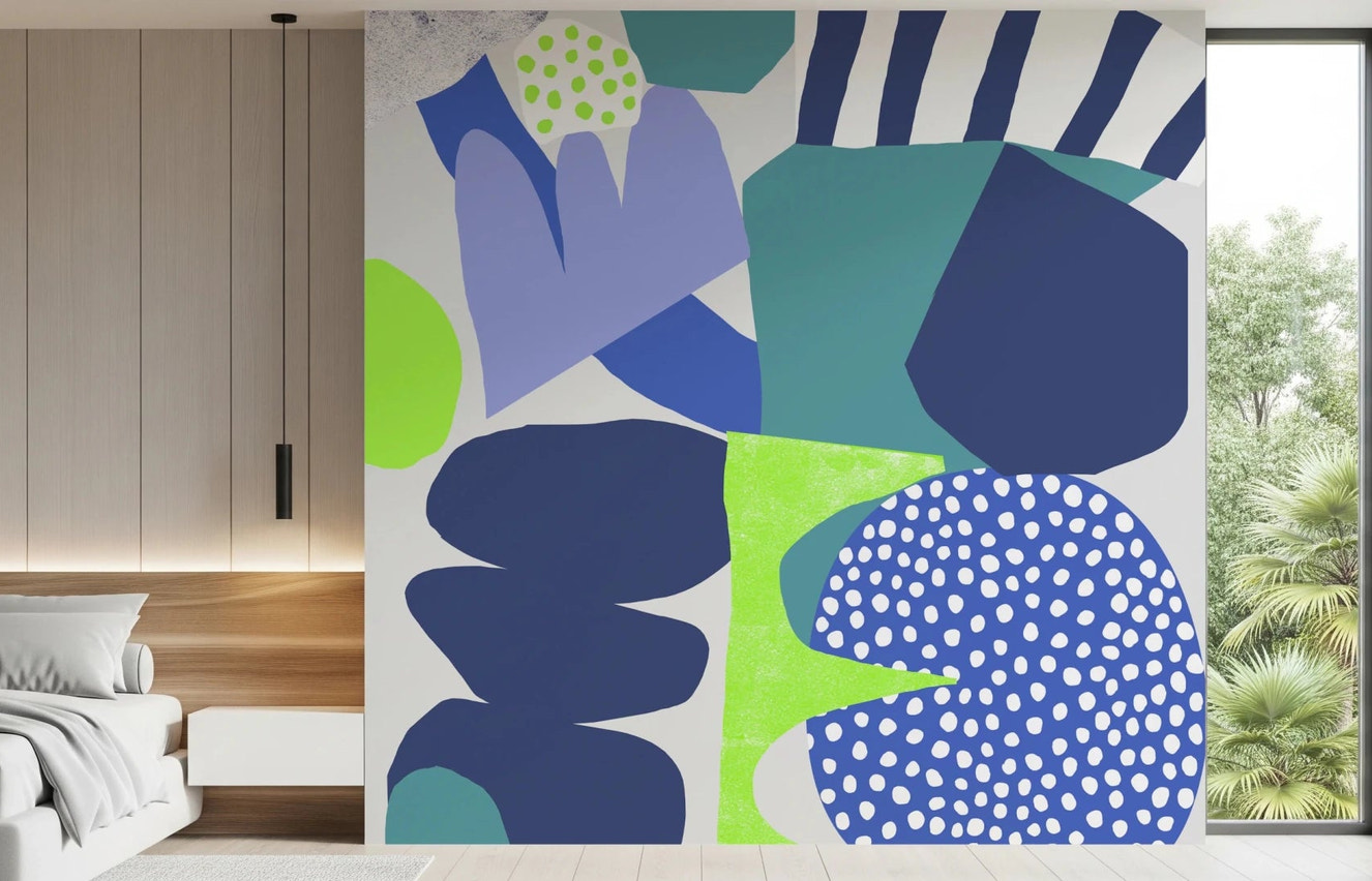 Geometric shapes on the Lil Blue bedroom Wall Mural with navy and lime accents