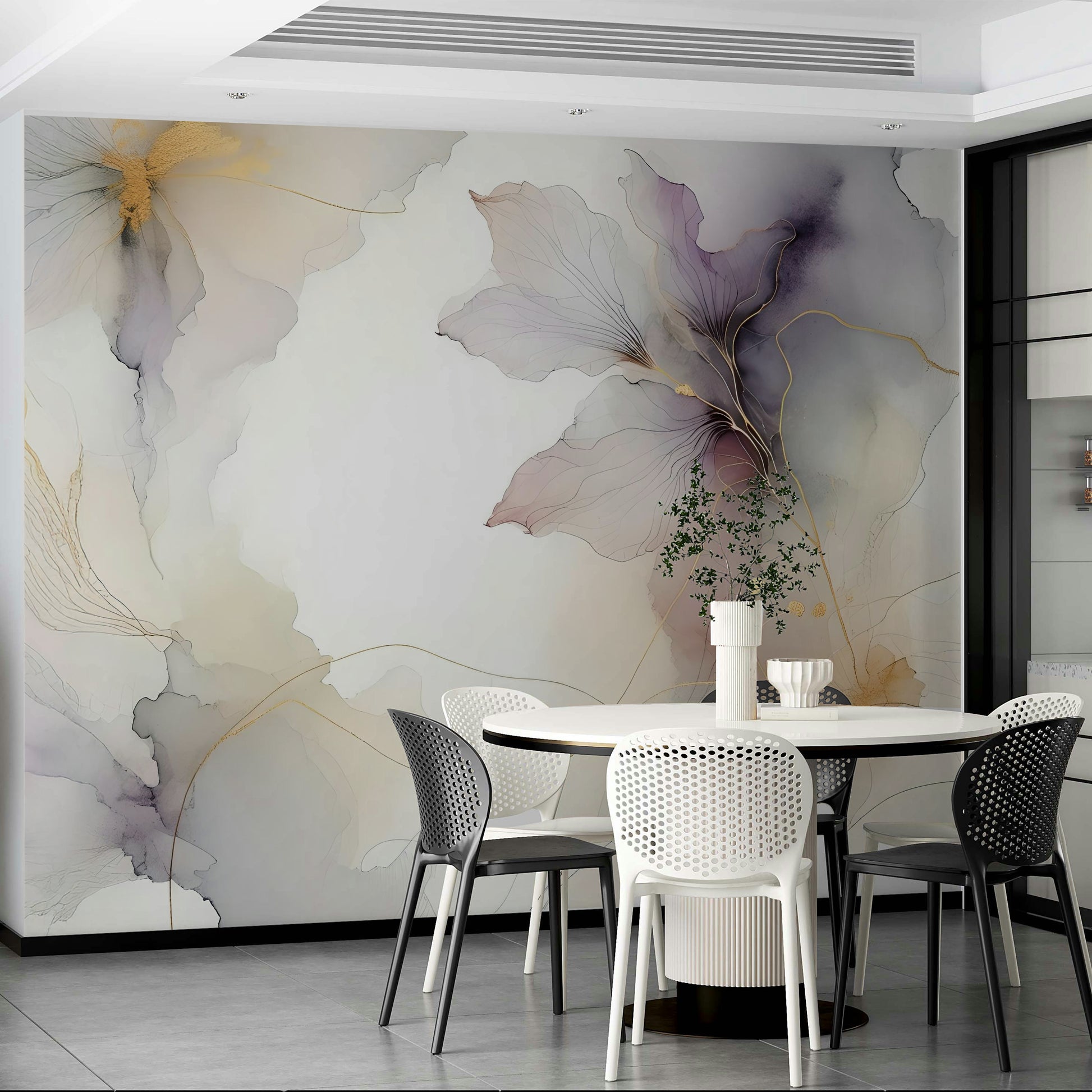Sophisticated bedroom accent wall with purple floral art and modern lighting.
