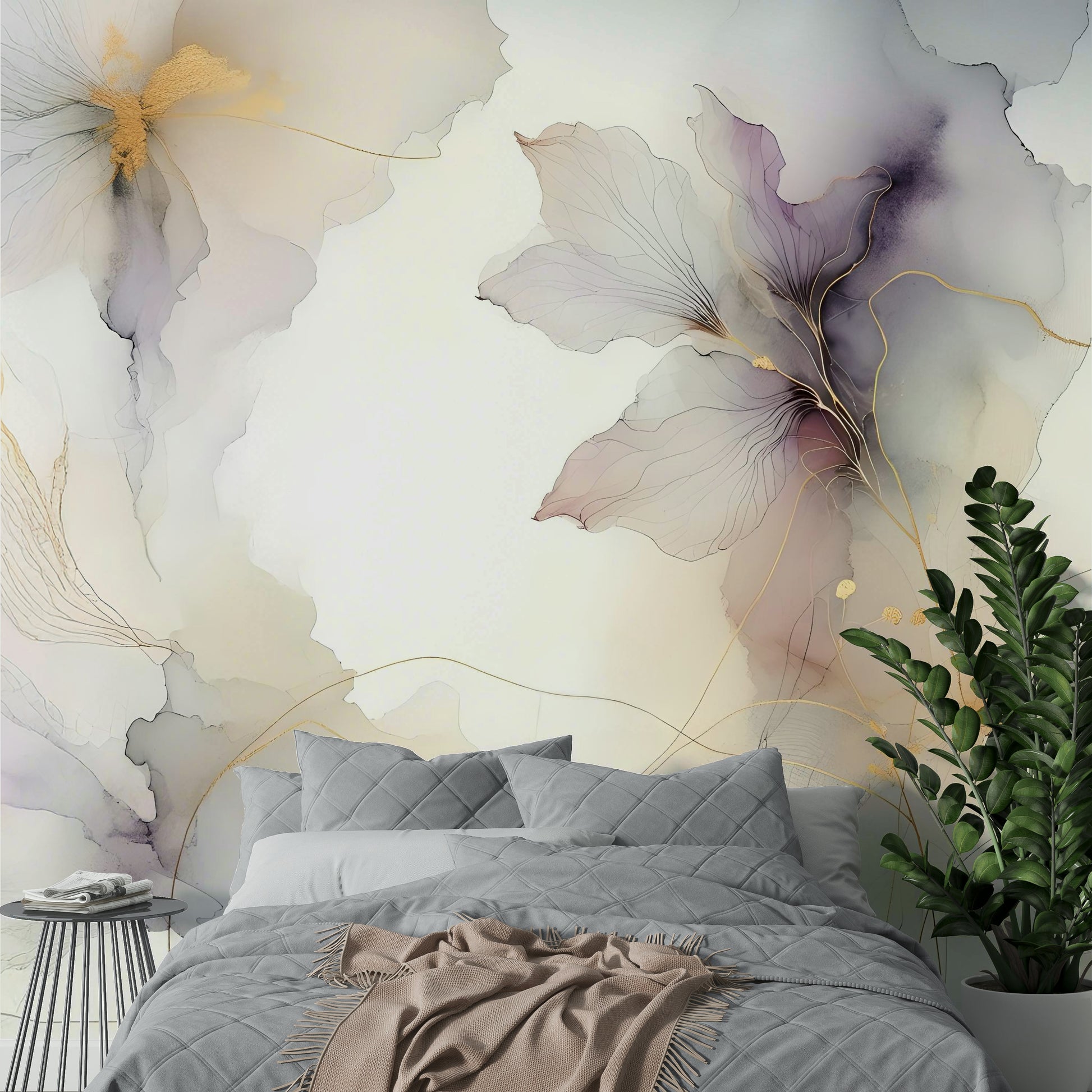 Close-up of purple floral petals and soft color tones in a bedroom wallpaper.