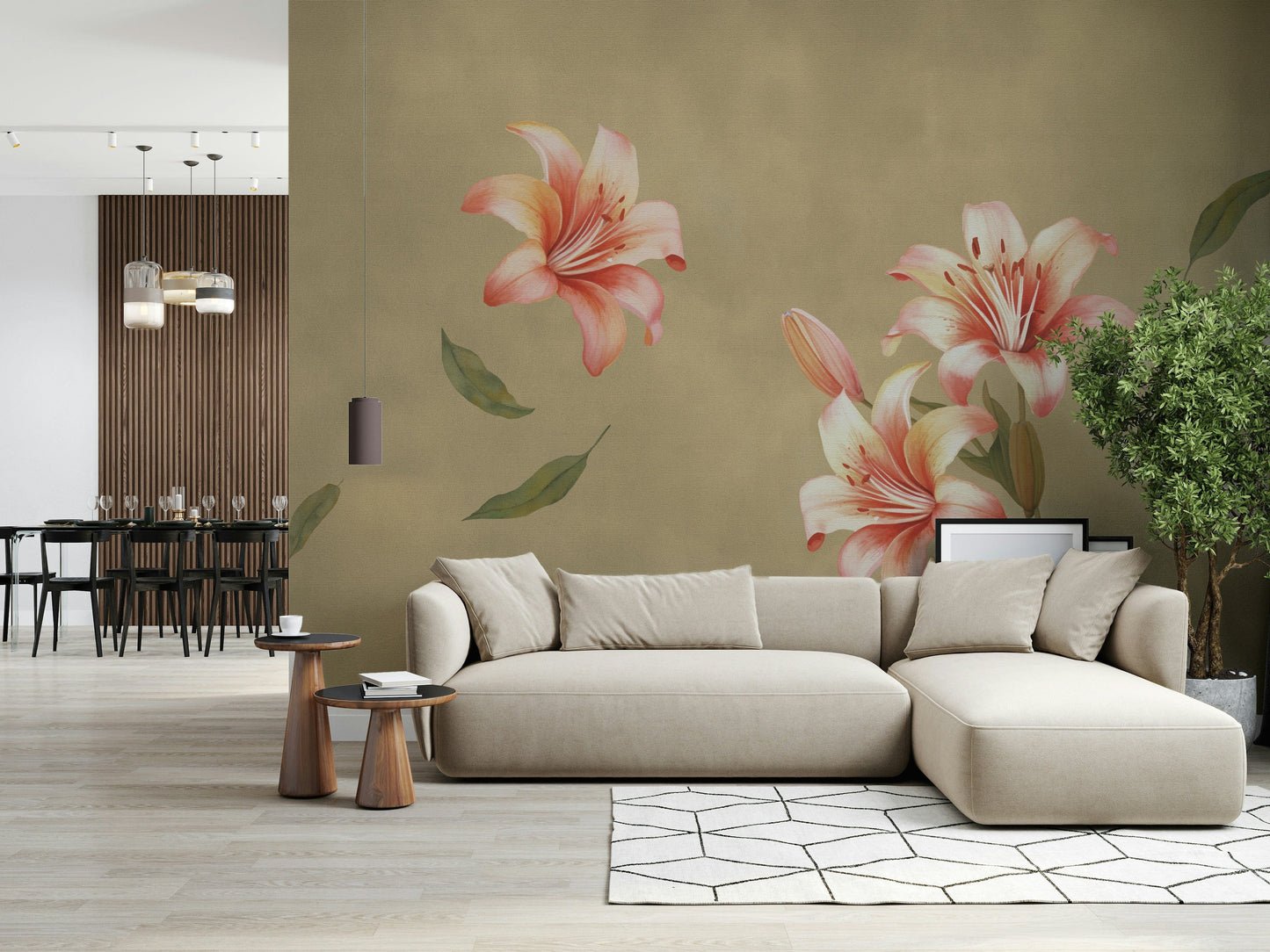 Lily floral mural in hallway, modern wall decor in color