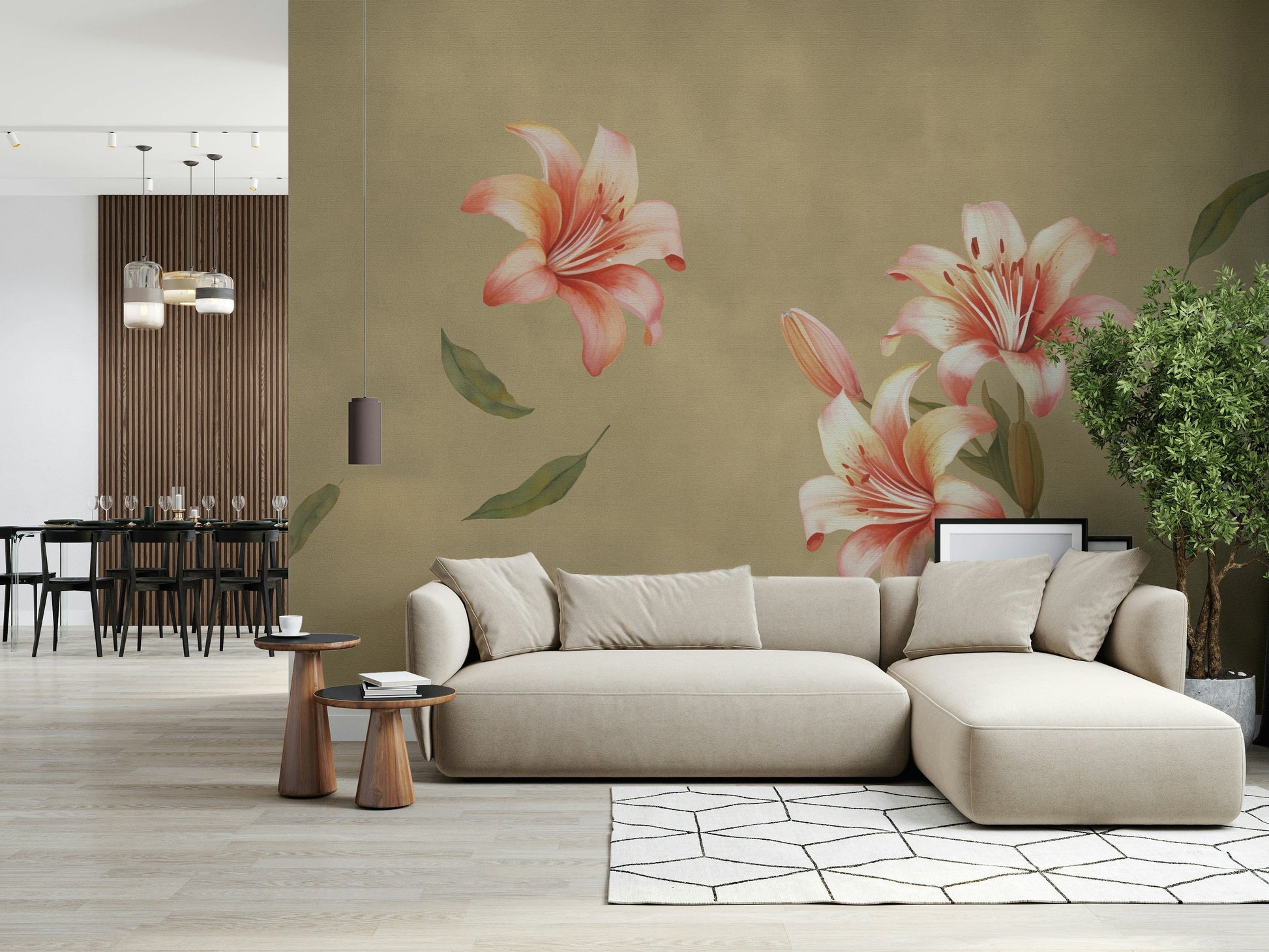 Lily floral mural in hallway, modern wall decor in color