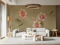 Lily mural behind bed, modern bedroom wall decor colors