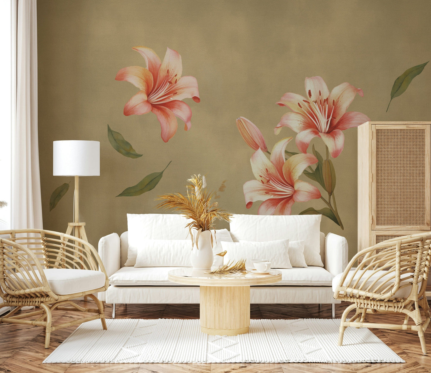 Lily flower wall mural in entryway, calm modern wall decor
