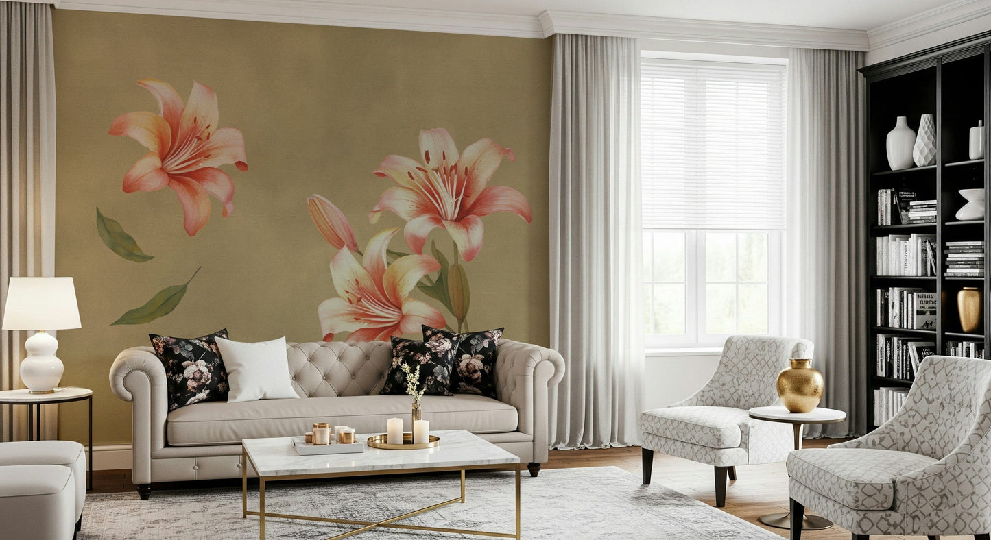Lily bloom wall mural in home office, calm modern backdrop