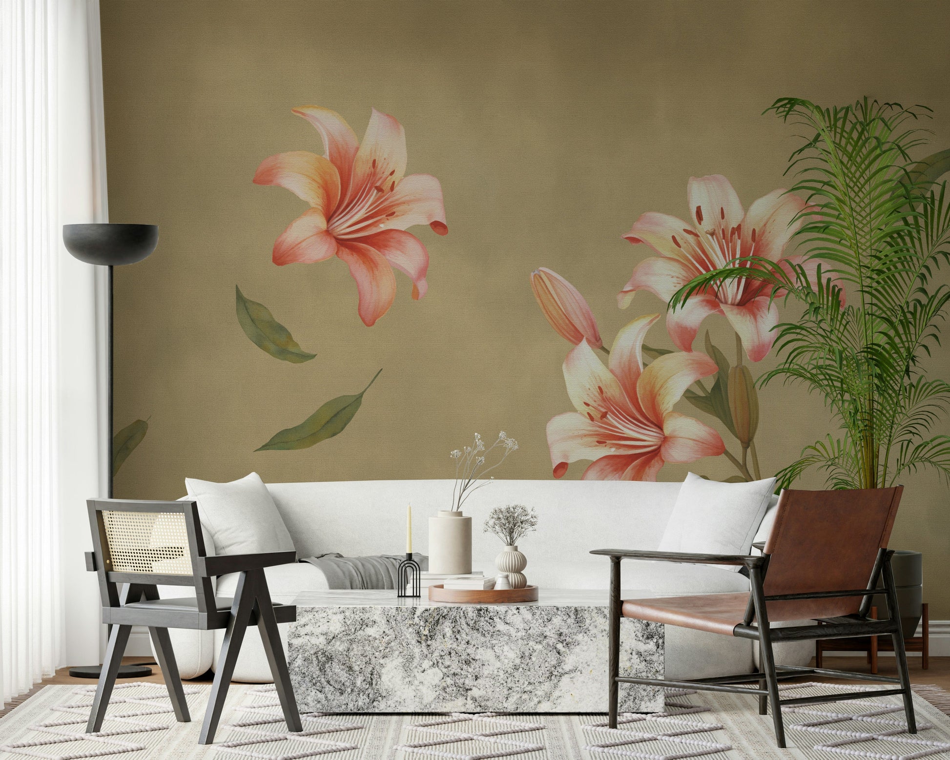 Lily feature wall in dining room, muted modern color palette