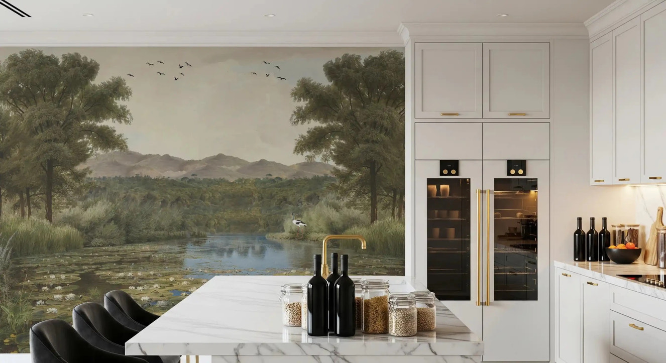 Vægmaleri med ro i vandliljen og dens dam