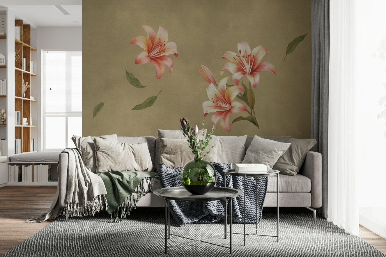 Lily floral mural in living room, calm modern color tones