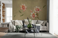 Lily floral mural in living room, calm modern color tones