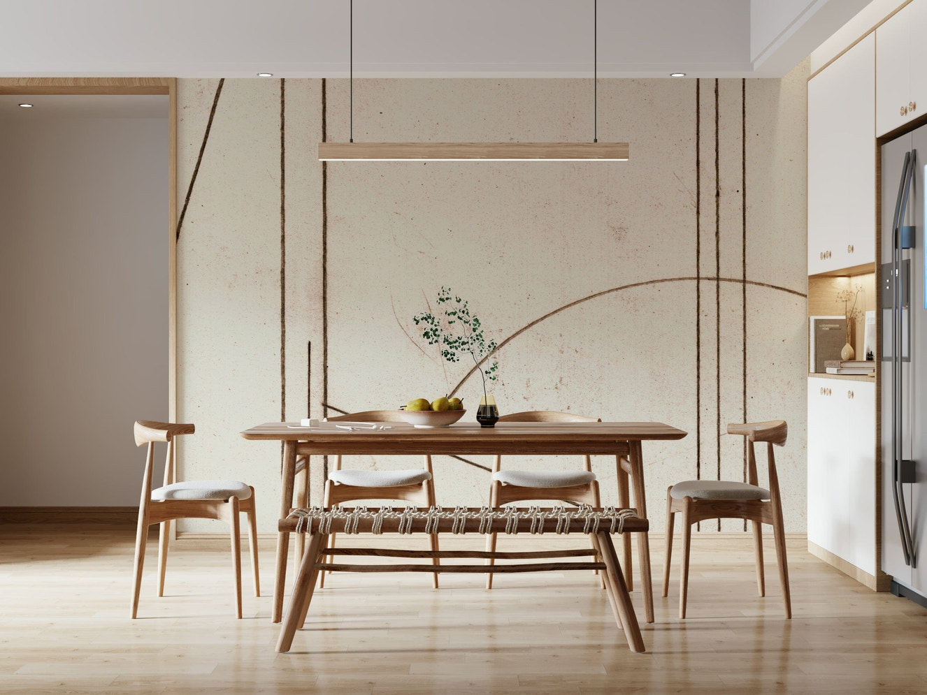 A peaceful modern abstract mural on decorative wallpaper.