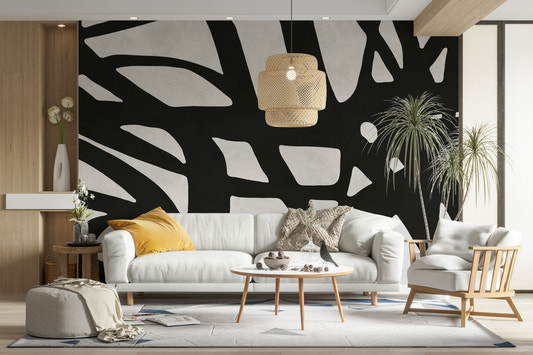 A modern wall mural with a repeating linear pattern.

