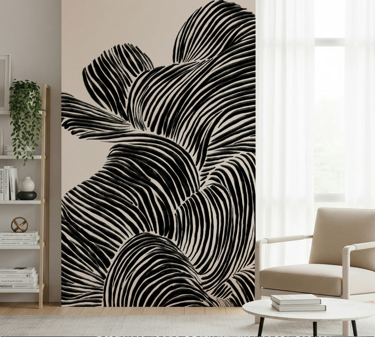 Linear wallpaper mural with flowing black-and-white line waves beside a beige armchair and white bookshelf in a living room