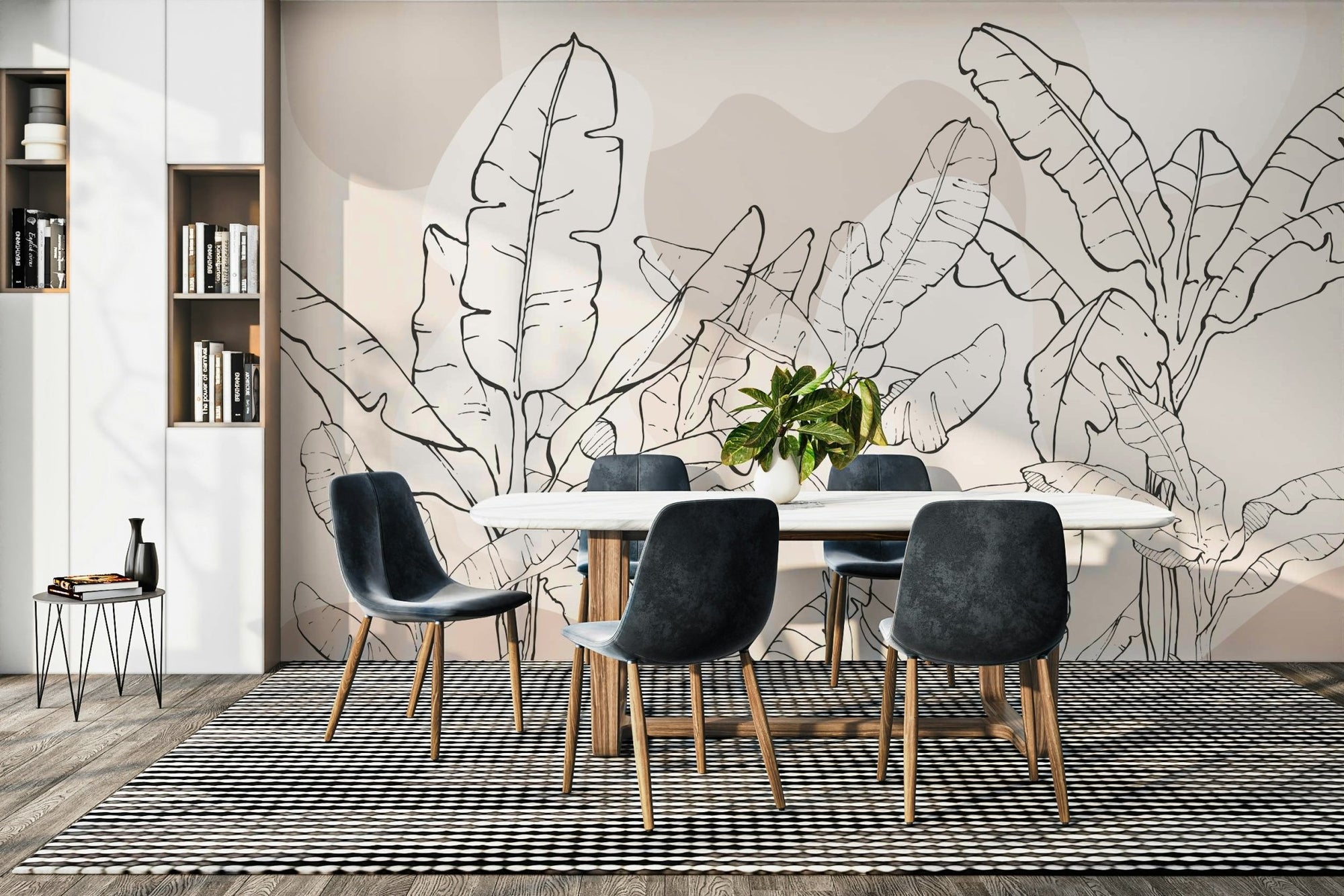 The image shows an artistic impression of a serene banana leaf scene with line drawings.

