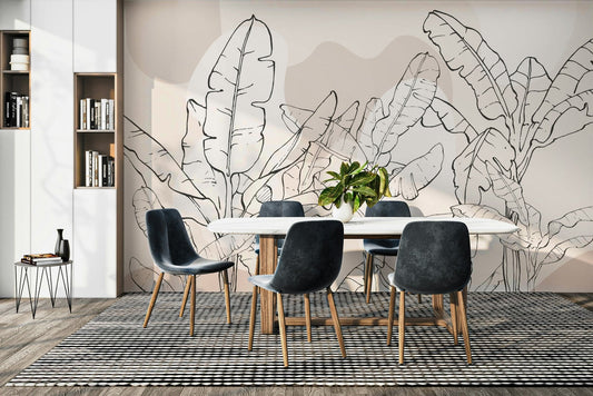 The image shows an artistic impression of a serene banana leaf scene with line drawings.

