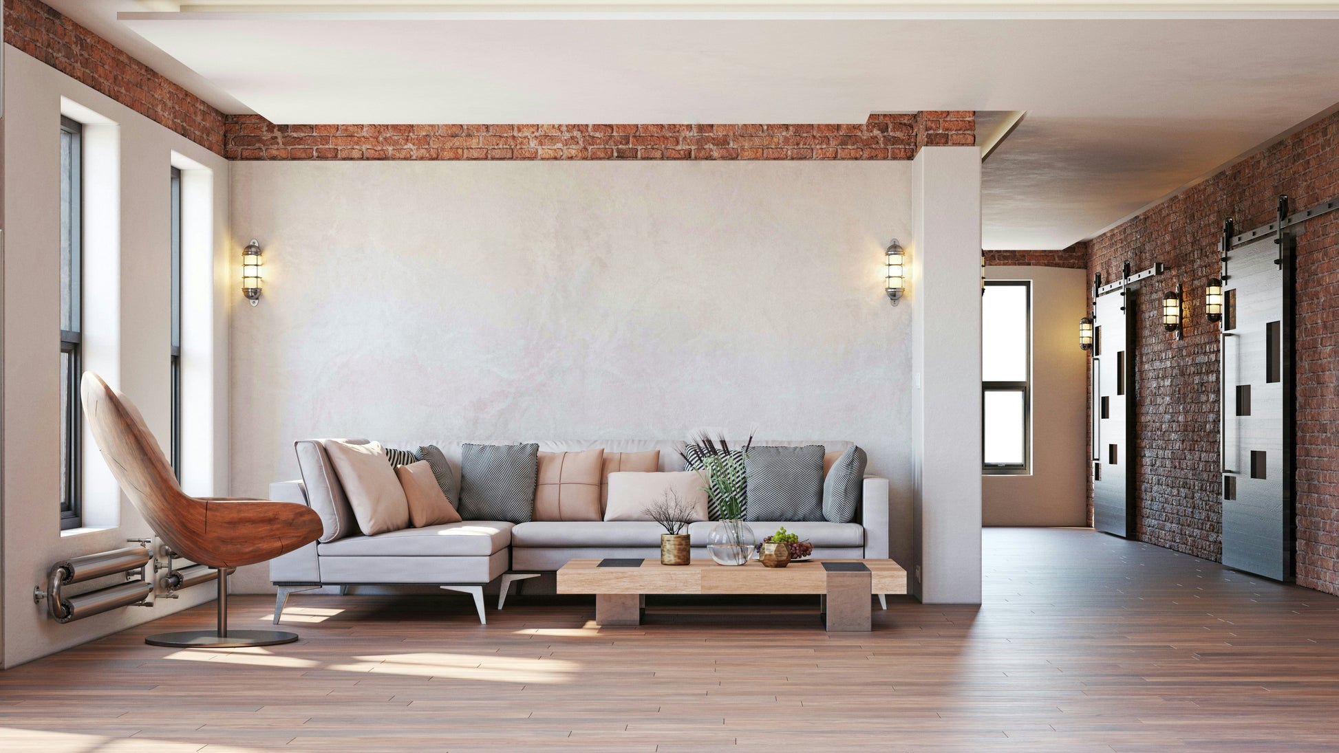 An artistic woven pattern mural on minimalist wallpaper.

