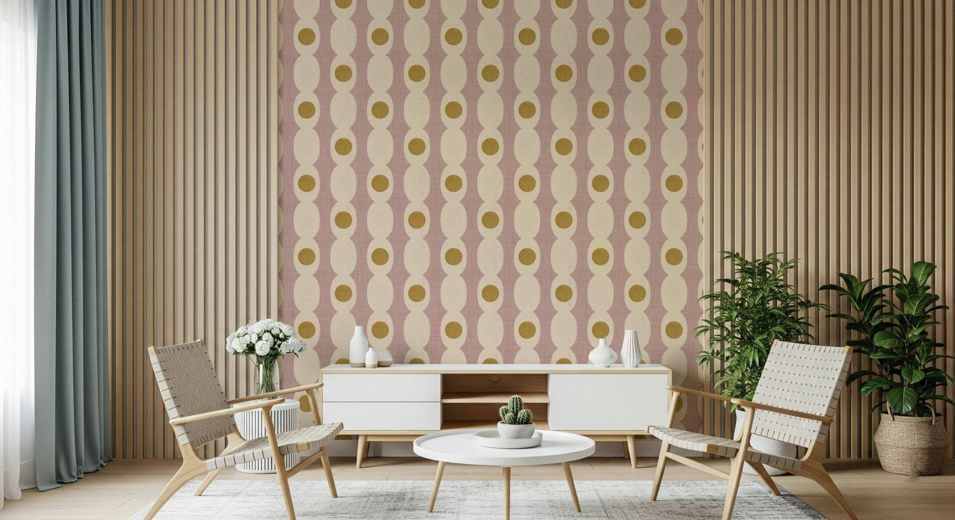 Minimal mod-link pattern mural adding structure and visual rhythm to walls.