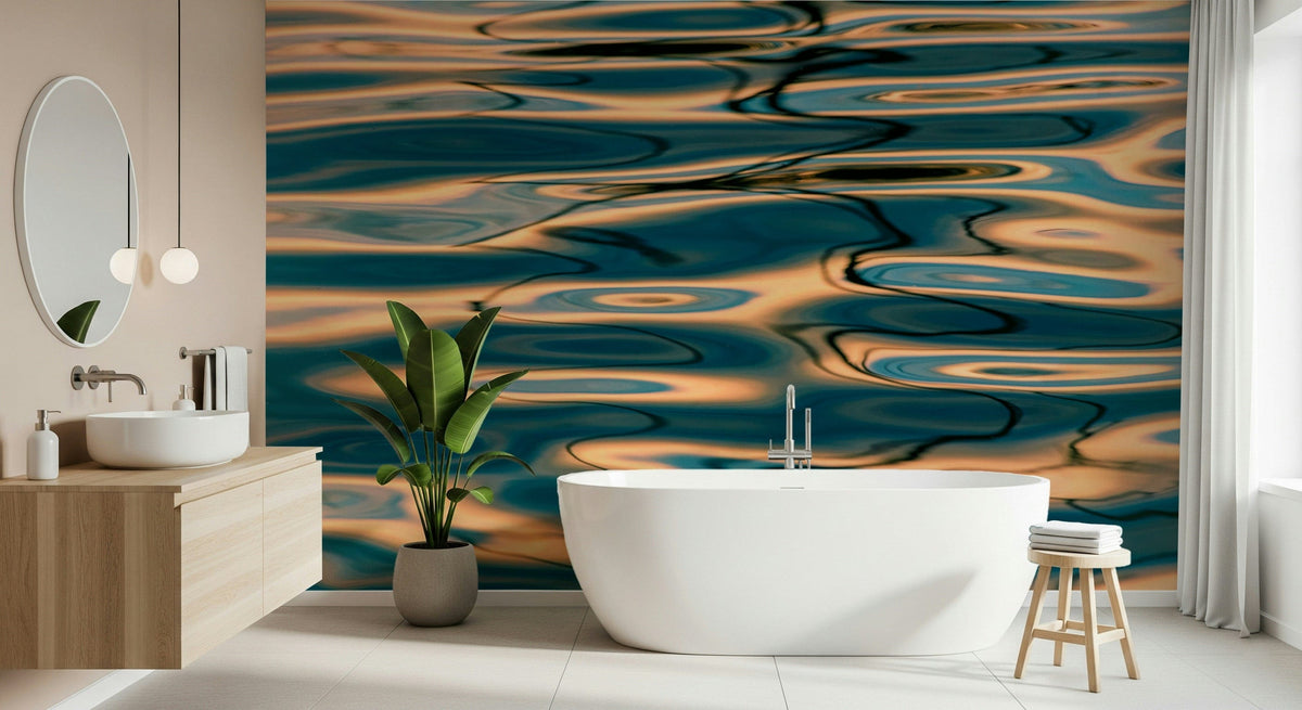 Liquid Gold: Azure Reflections wallpaper mural of teal and golden water ripples in a spa-like bathroom