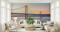 Scenic Lisbon street wallpaper mural for hallway, warm neutrals, modern decor