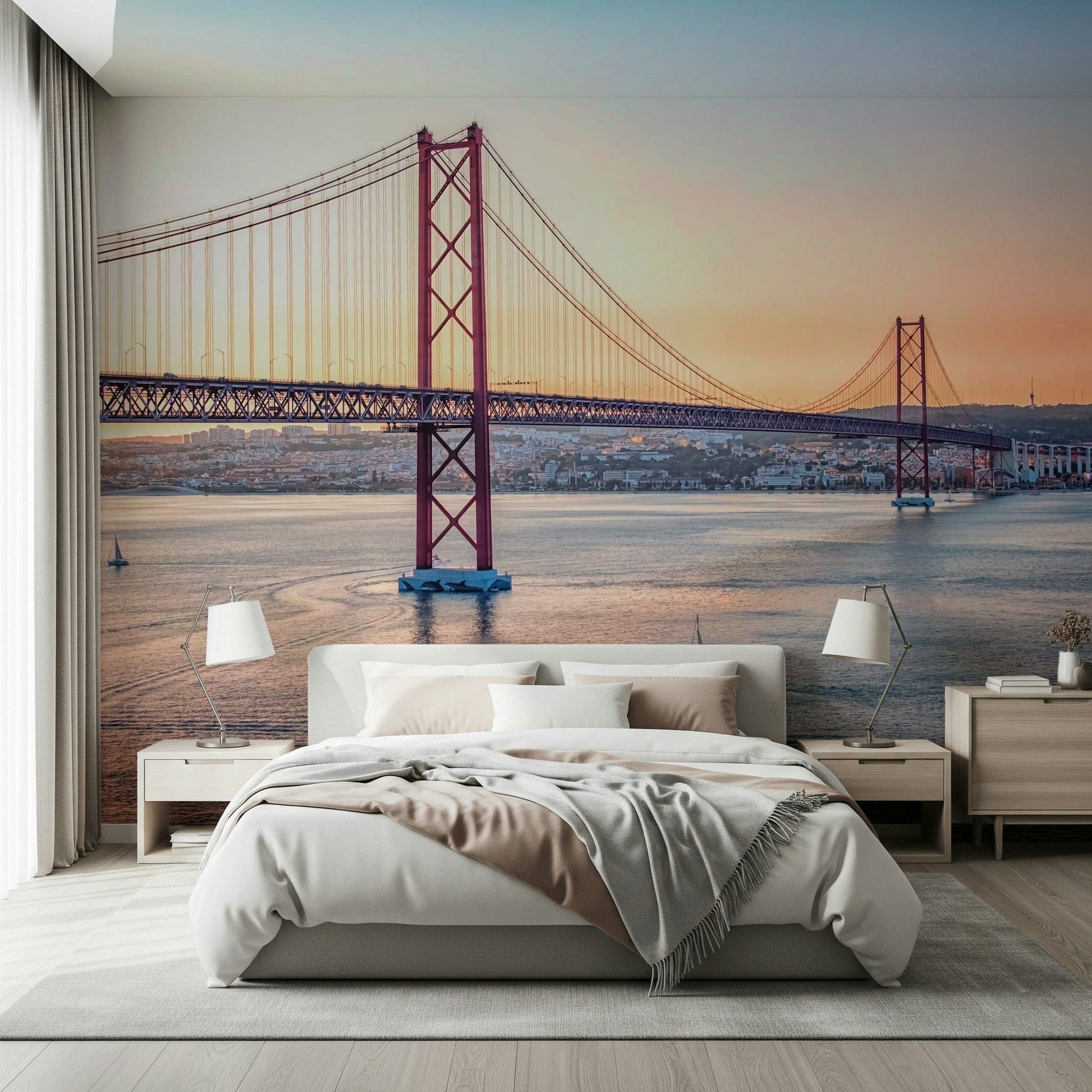 Lisbon city mural in reading nook, soft light palette, minimalist wall decor