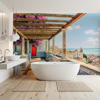 Luxe bath Lisbon wall mural with terrace view and bloom art.