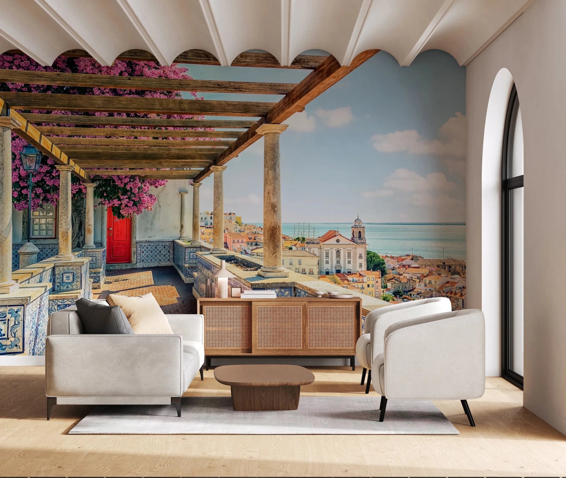 Coastal balcony Lisbon wall mural with floral charm accents.