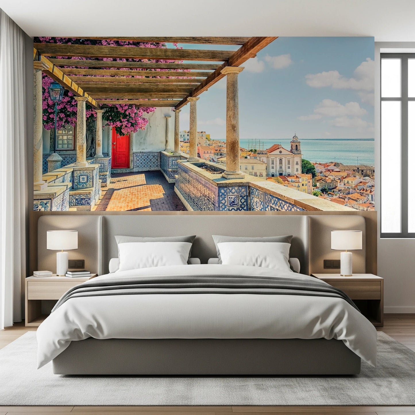Sunlit bedroom Lisbon wall mural with terrace view and bloom