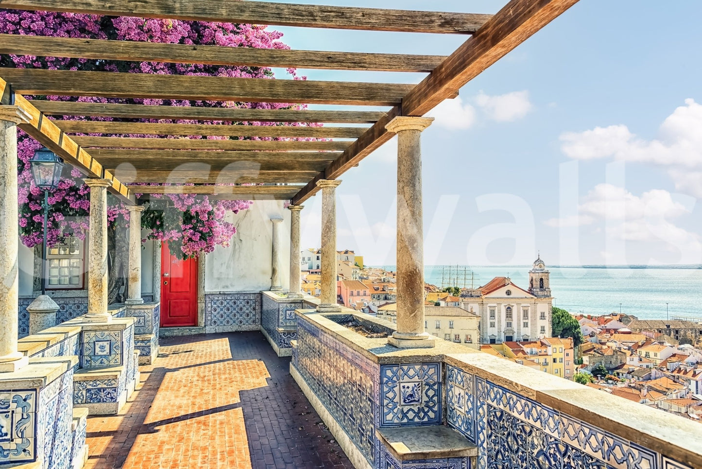 Scenic terrace Lisbon wall mural over rooftops and florals.