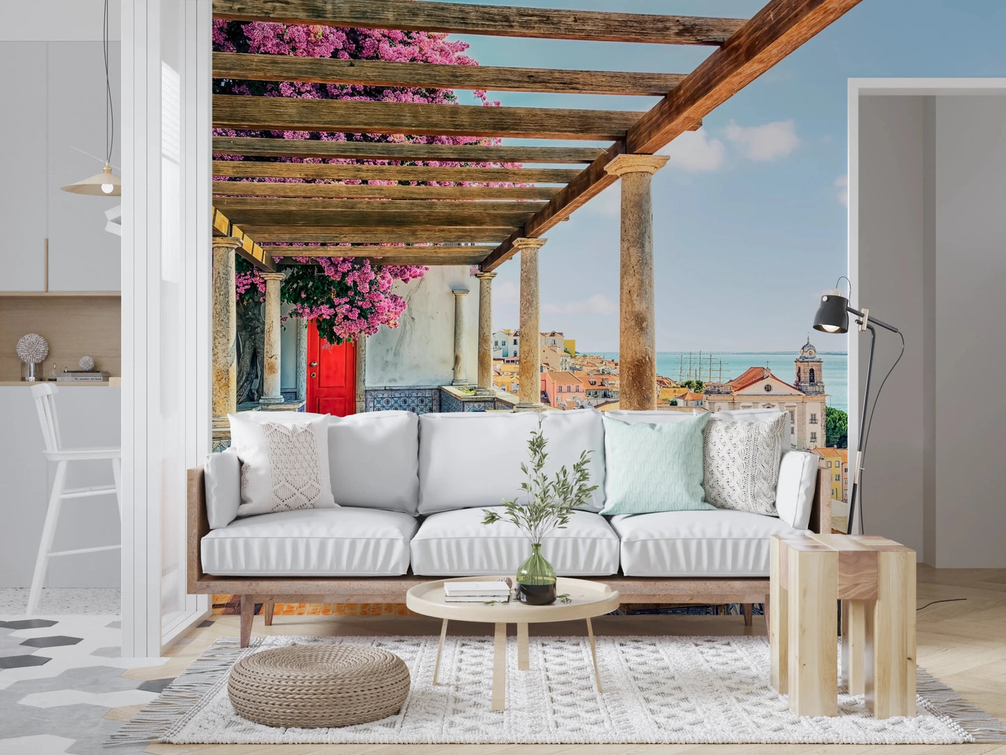 Open lounge Lisbon wall mural with floral terrace city view.