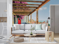 Open lounge Lisbon wall mural with floral terrace city view.