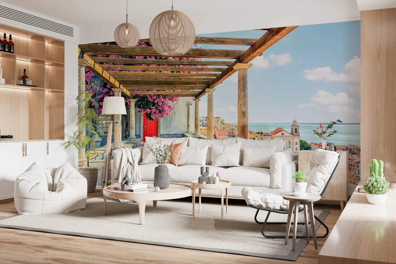 Living room styling suits a Lisbon vista bloom mural with terrace charm