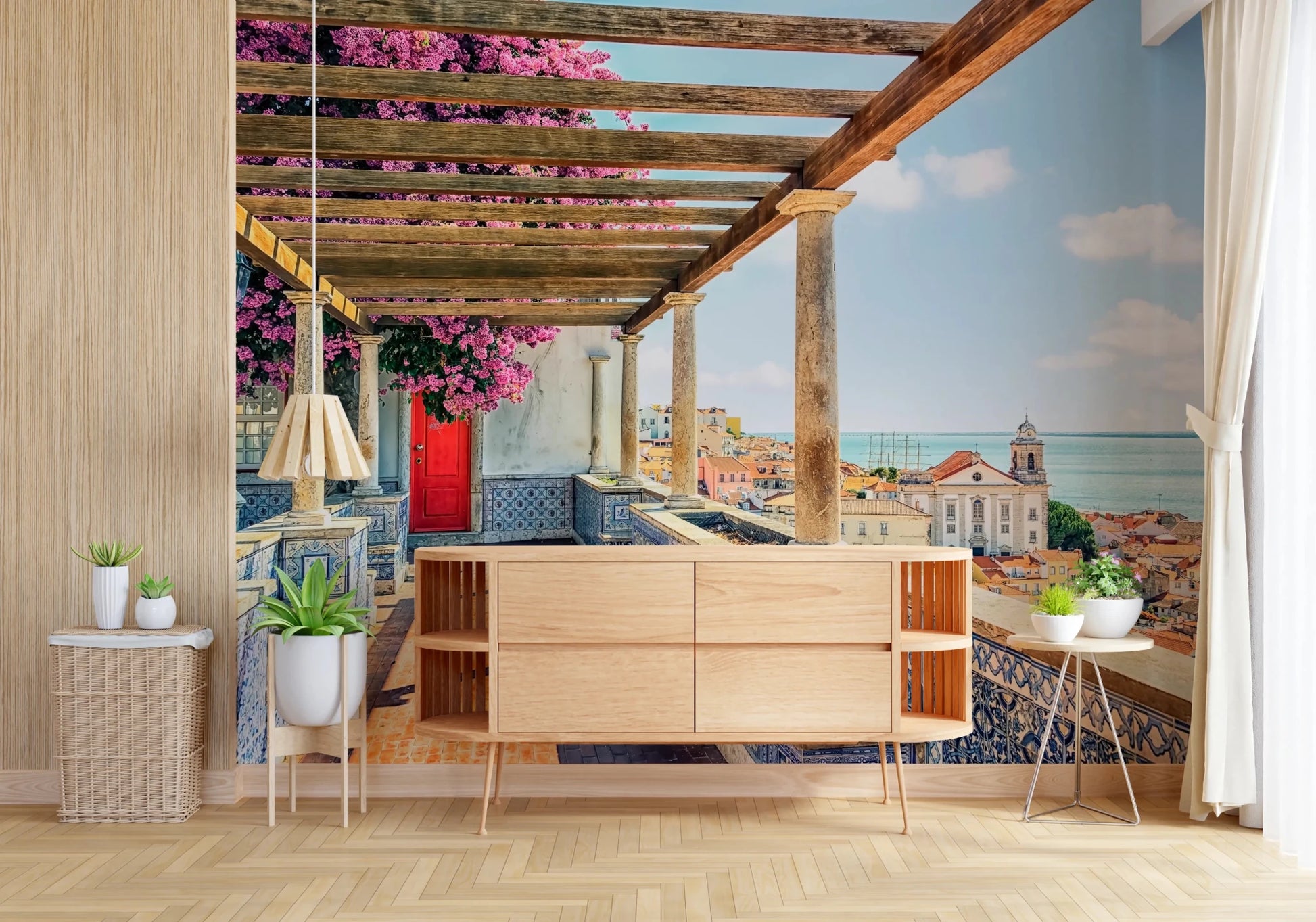 Chic kitchen Lisbon wall mural with balcony blooms glow art.