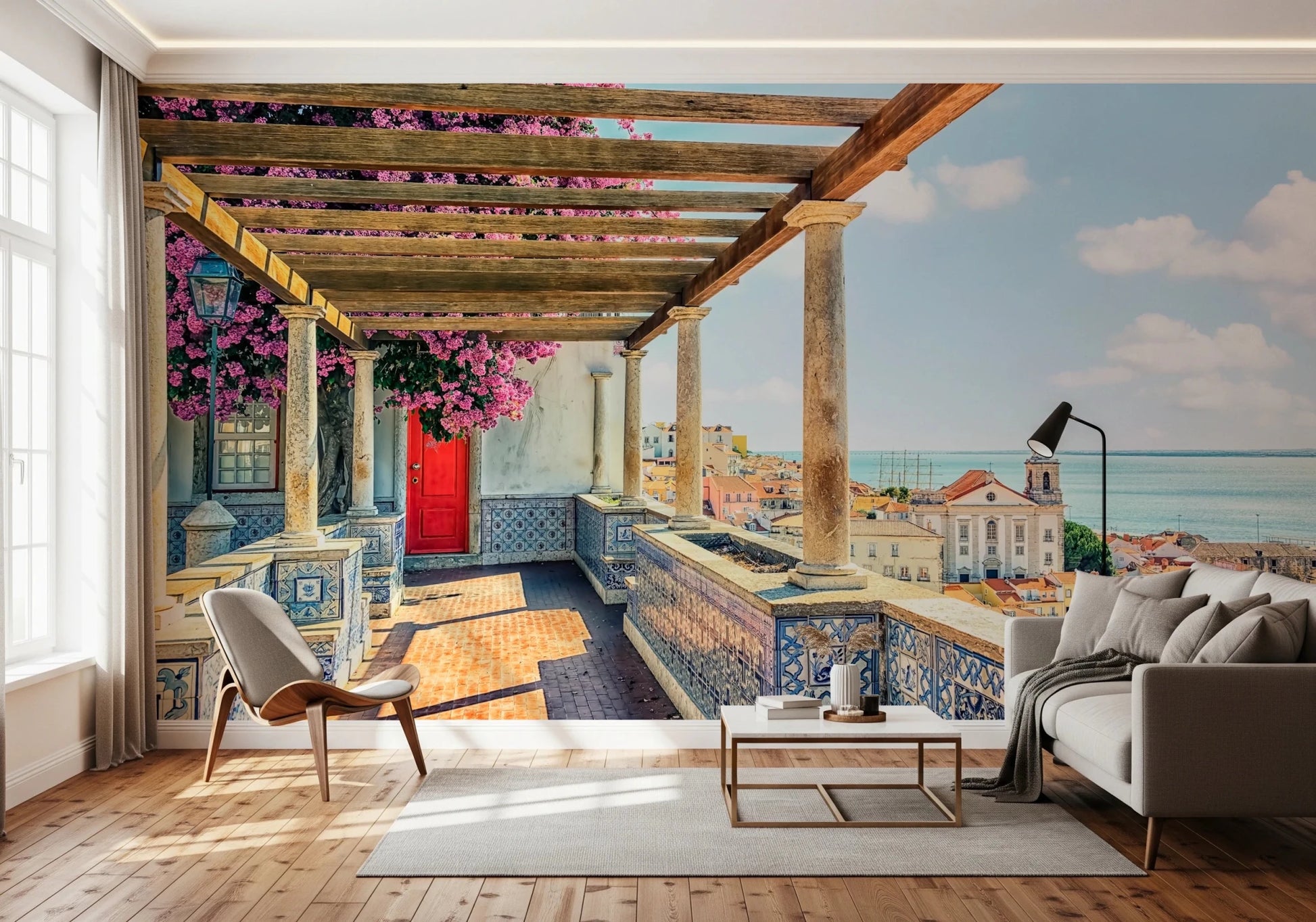 Airy suite Lisbon wall mural facing river light and florals.