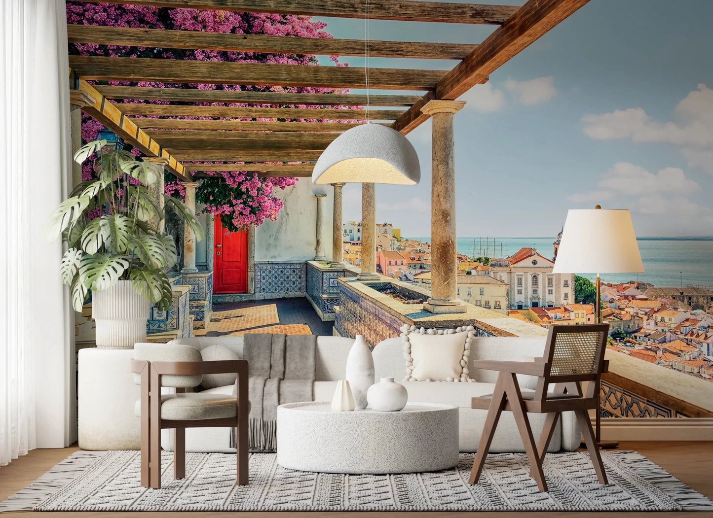Elegant dining Lisbon wall mural with river view and florals