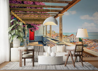 Elegant dining Lisbon wall mural with river view and florals
