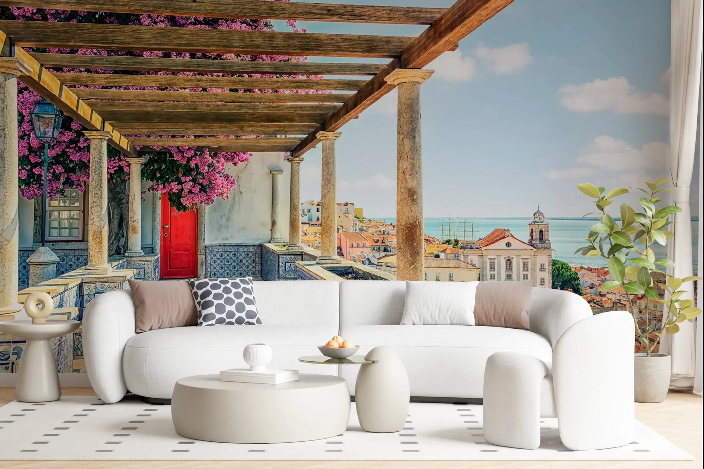 Bright patio Lisbon wall mural with city skyline and florals