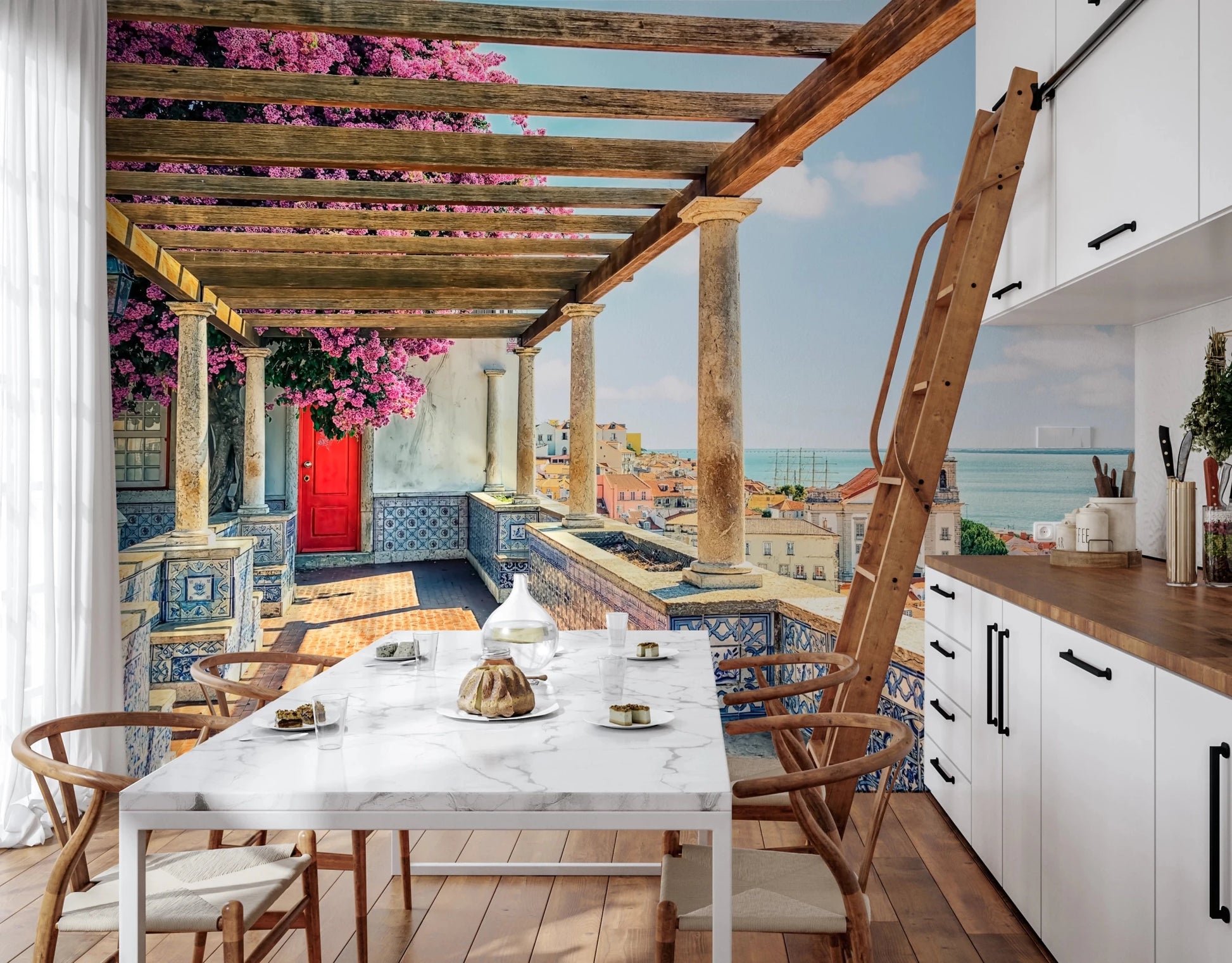 Modern living Lisbon wall mural with skyline bloom art charm