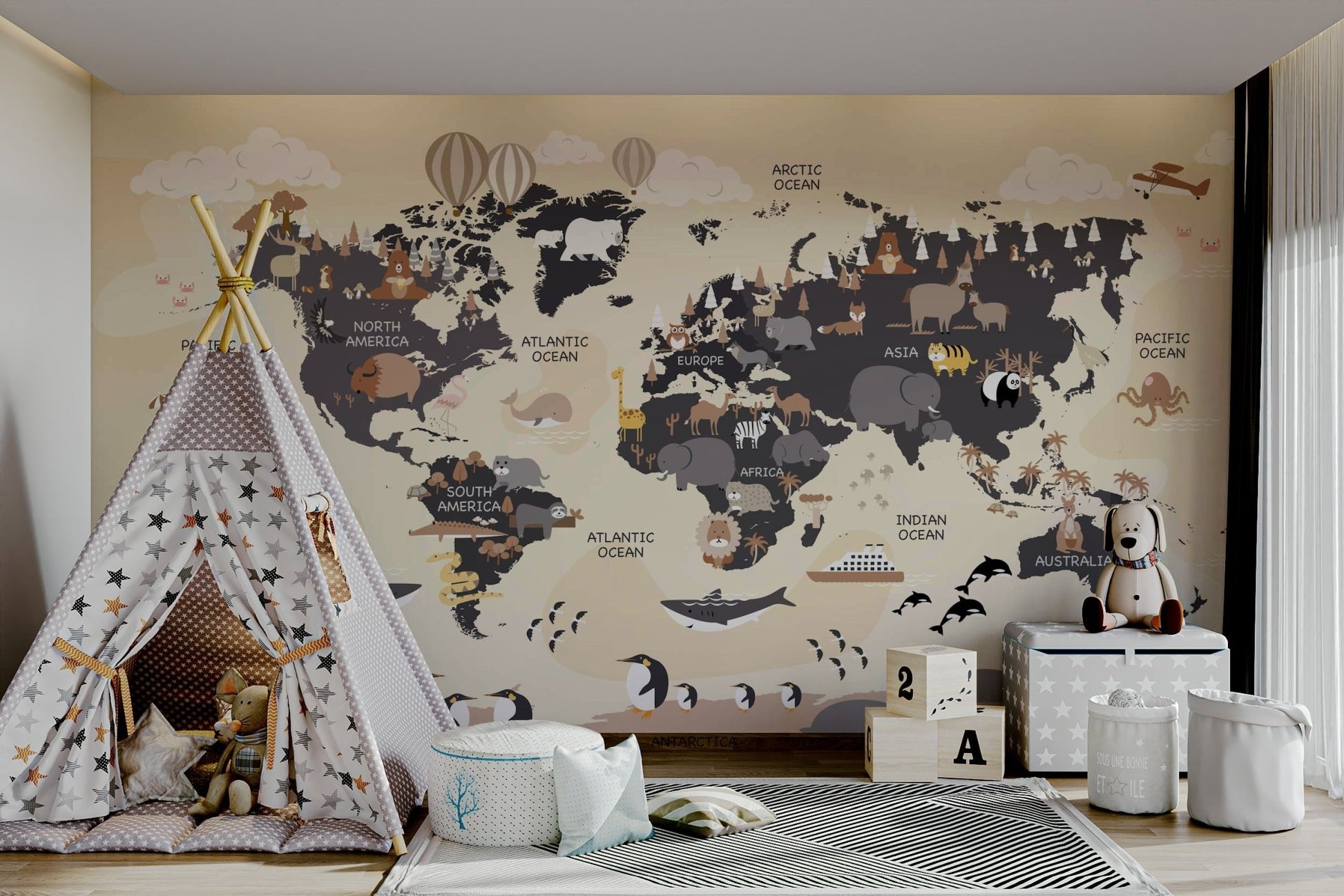 Fun continent mural for children

