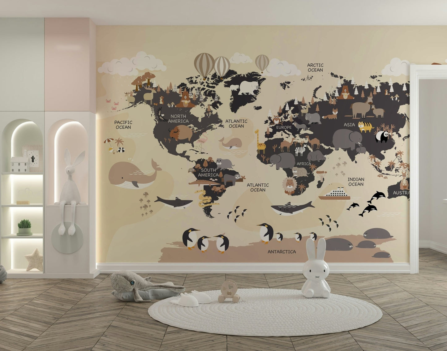 Soft pastel world map mural

