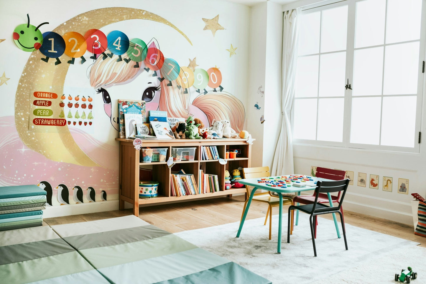 Kids’ room wall titled Little Star Pony cloud scene

