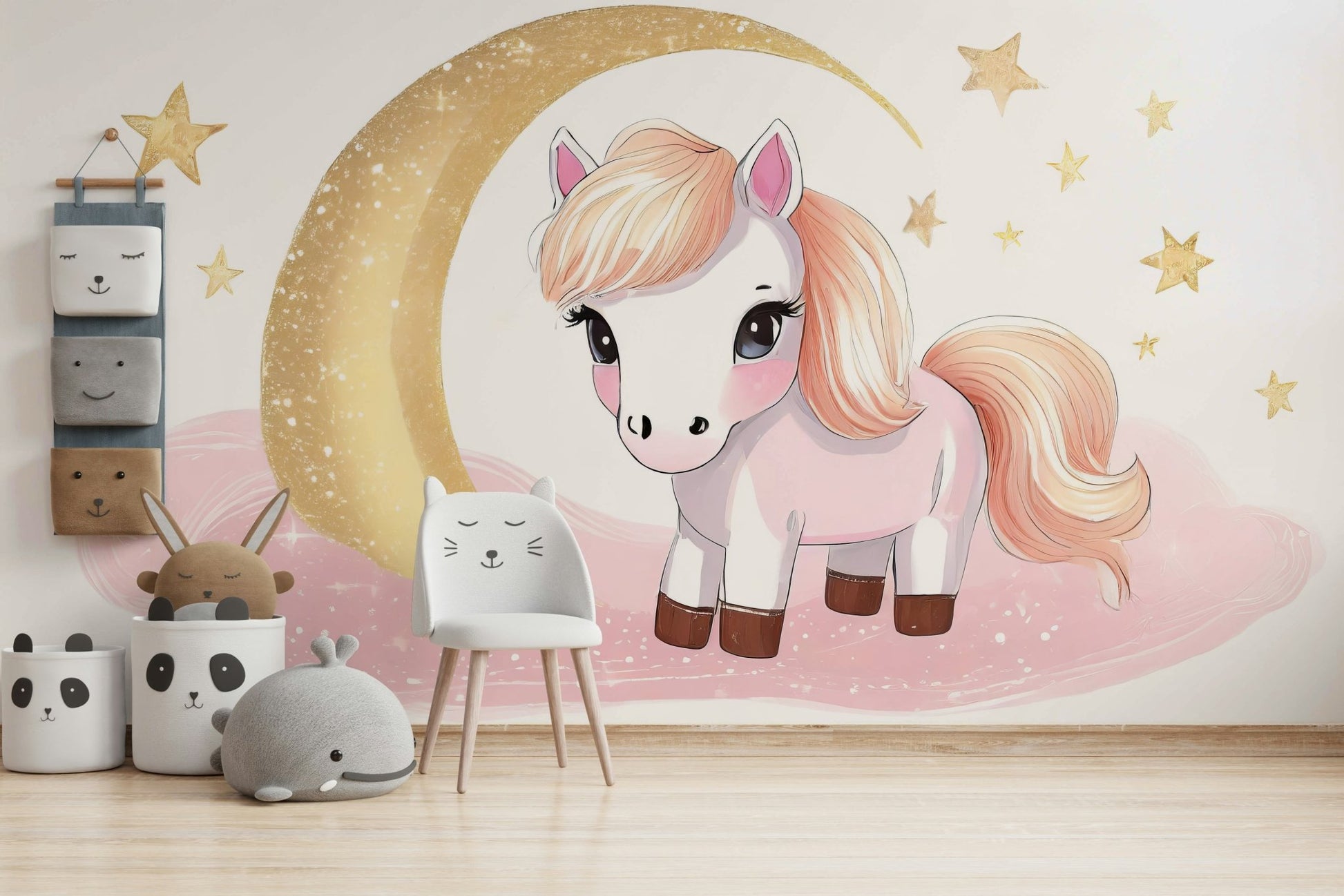 Dreamy pony wall mural in children's bedroom

