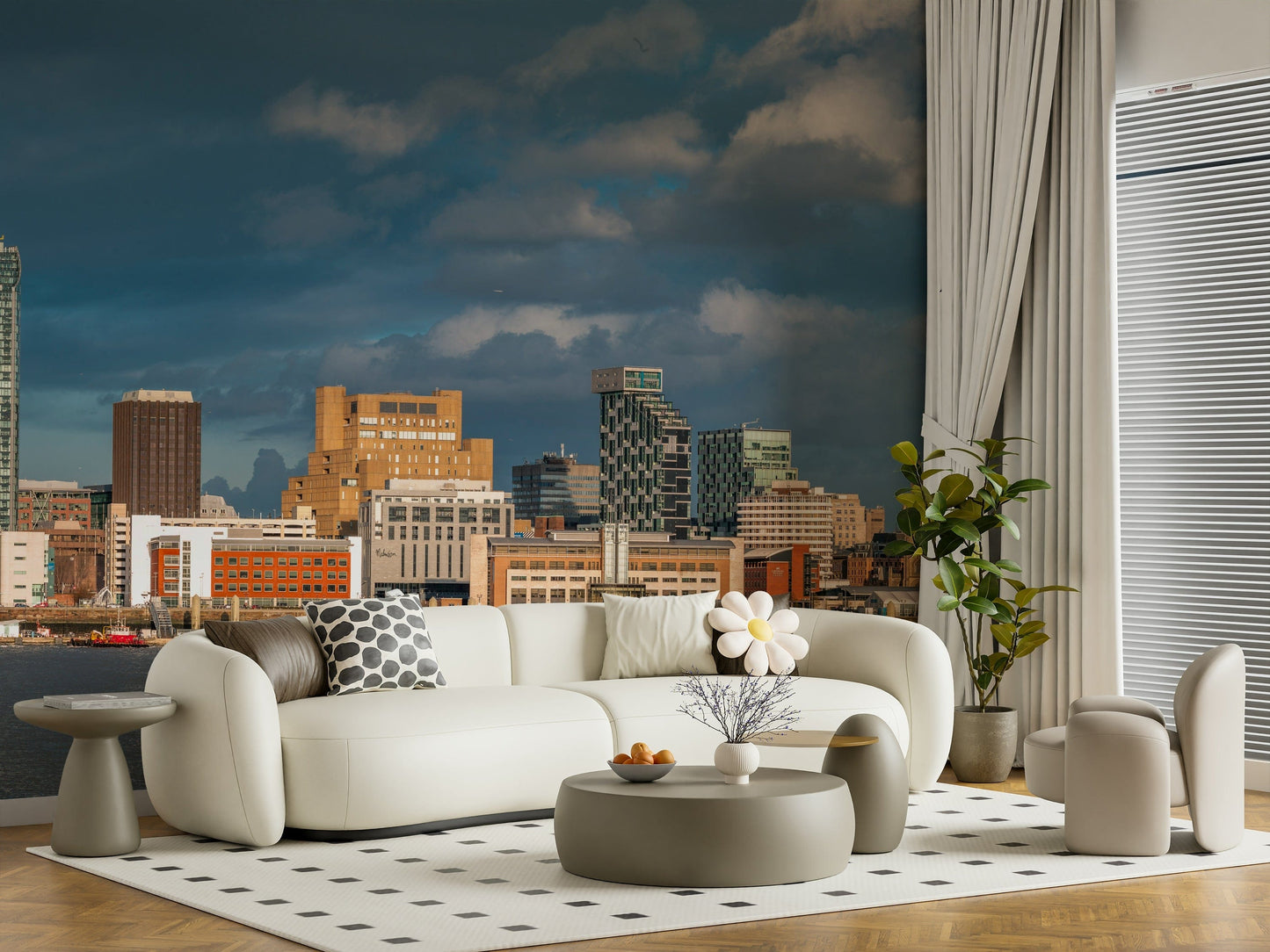 Detailed city skyline mural in lounge, modern interior, muted color and sharp lines